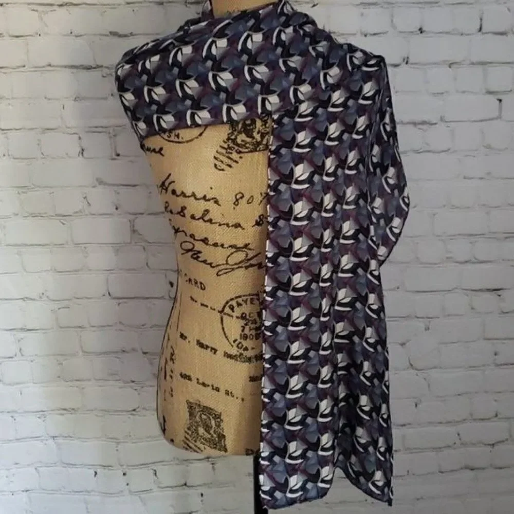 Vintage Oversized Abstract Art Blue Gray Rolled Hem Scarf